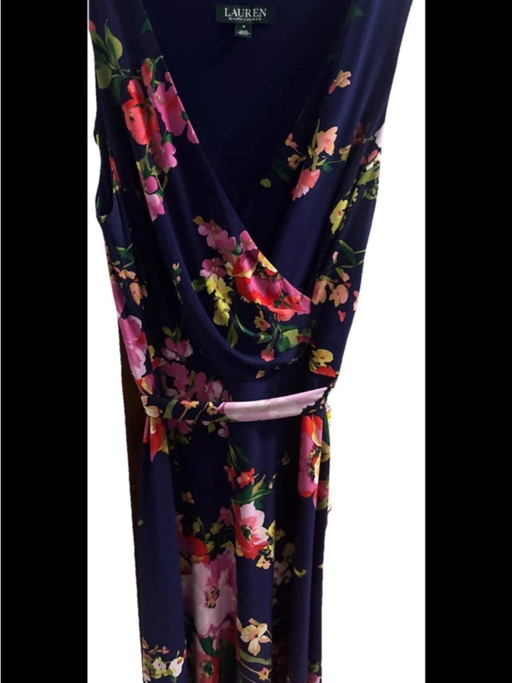 Lauren Ralph Lauren Navy Floral Wrap Dress with Pink and Yellow Blooms size 8